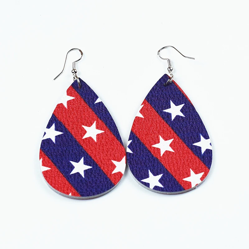 Patriotic Stars Stripes American Flag Teardrop Leather Earrings Double Sided Leopard Print Pattern Leaf Water Drop New | Украшения и