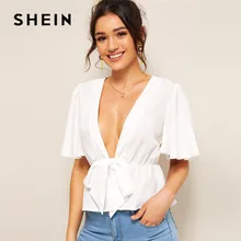 SHEIN глубокий вырез рукава-крылышки с завязкой спереди Сексуальная Блузка Для женщин летнее платье с глубоким v-образным вырезом белая блузка однотонные с коротким рукавом женские топы