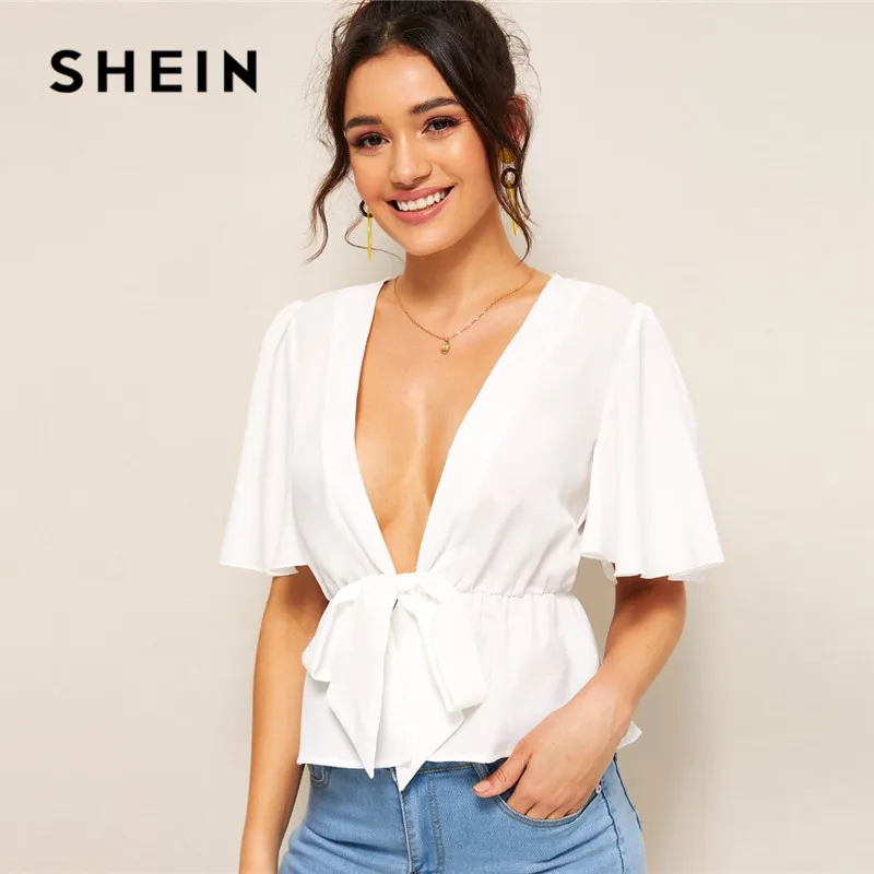 deep v neck white blouse