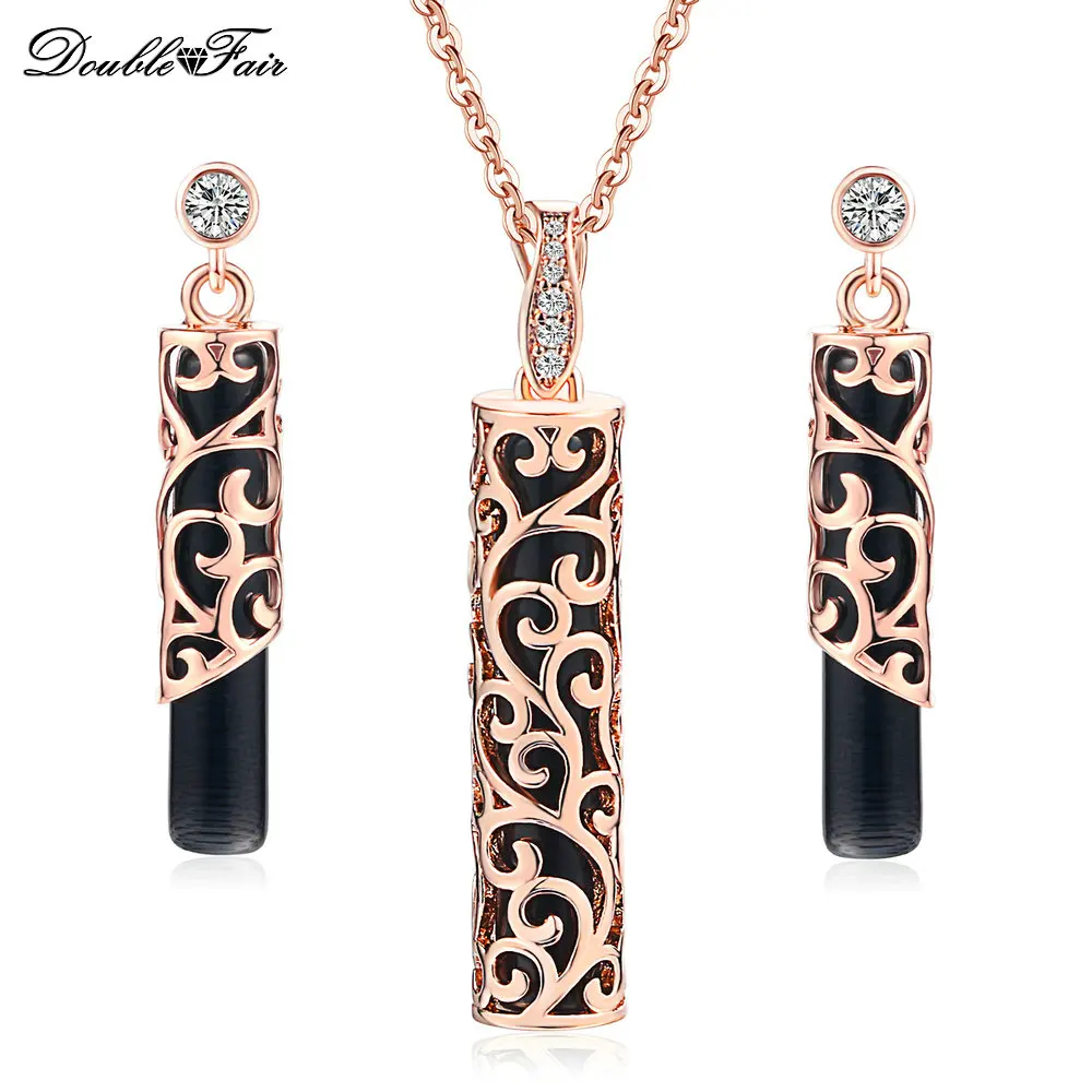 

Double Fair Black Crystal Pillar Semi-Precious Stone Necklaces Pendant & Dangle Earrings Rose Gold Wedding Jewelry Sets DFS388