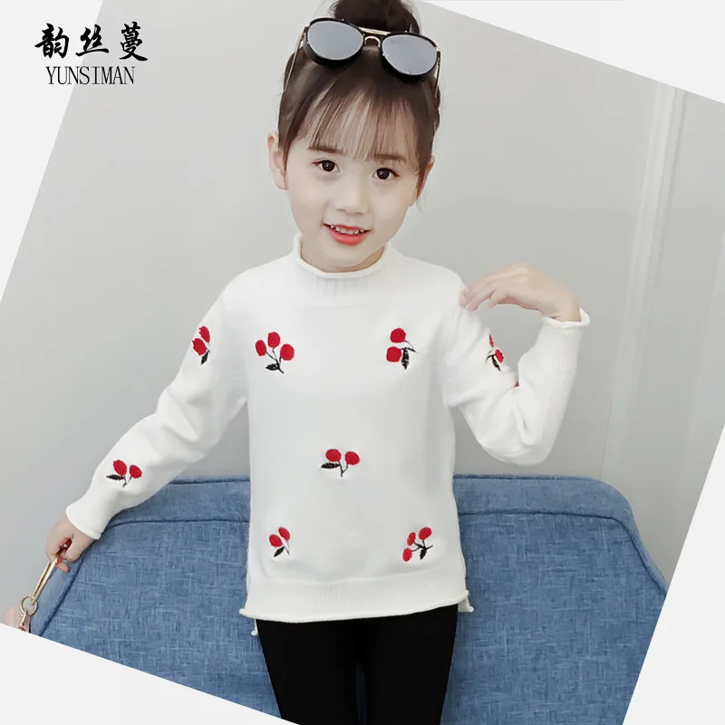 

2018 Autumn Girls Sweaters for 4 6 8 10 to 12 Years Children Cherry Embroidery Knitted Sweater Girls Christmas Sweater 23M8A