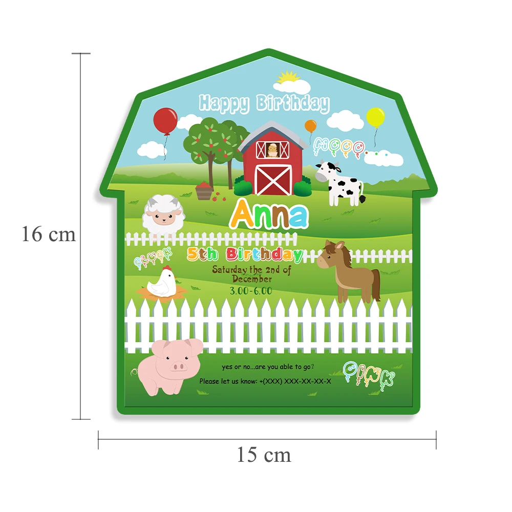 Тематическая открытка для приглашений на ферму с животными, вечерние украшения, товары для животных на ферму, пригласительные Детские мероприятия, день рождения, на заказ, 16 шт