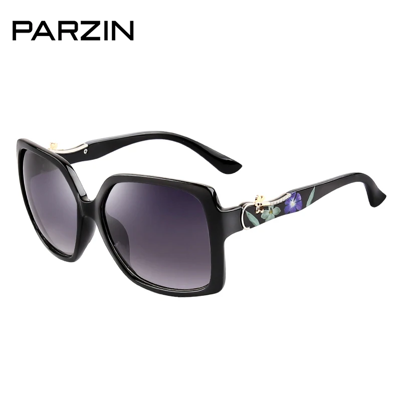 PARZIN Luxury Elegant Printing Frame Sunglasses For Women Square Big Frame Polarized Pattern Sun Glasses For Driver - Цвет линз: Black Frame