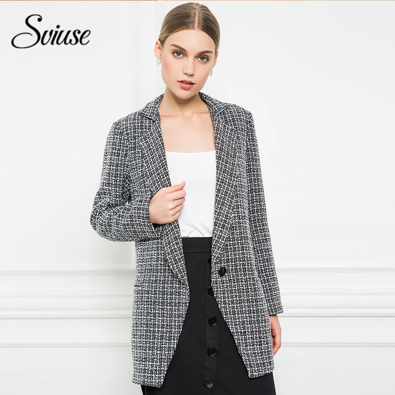 Women Houndstooth Tweed Coat Autumn Winter Long Sleeve
