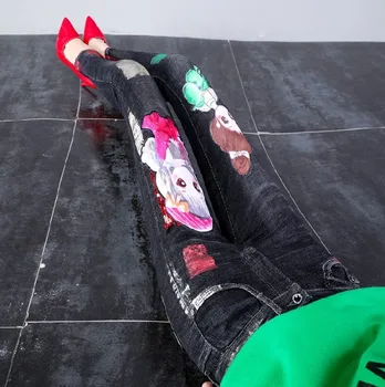 

Ins Spring and Autumn Women's Cartoon Girl Print Jeans Pants Students Casual Tight-fitting Gilded Pencil Pants Black Trousers