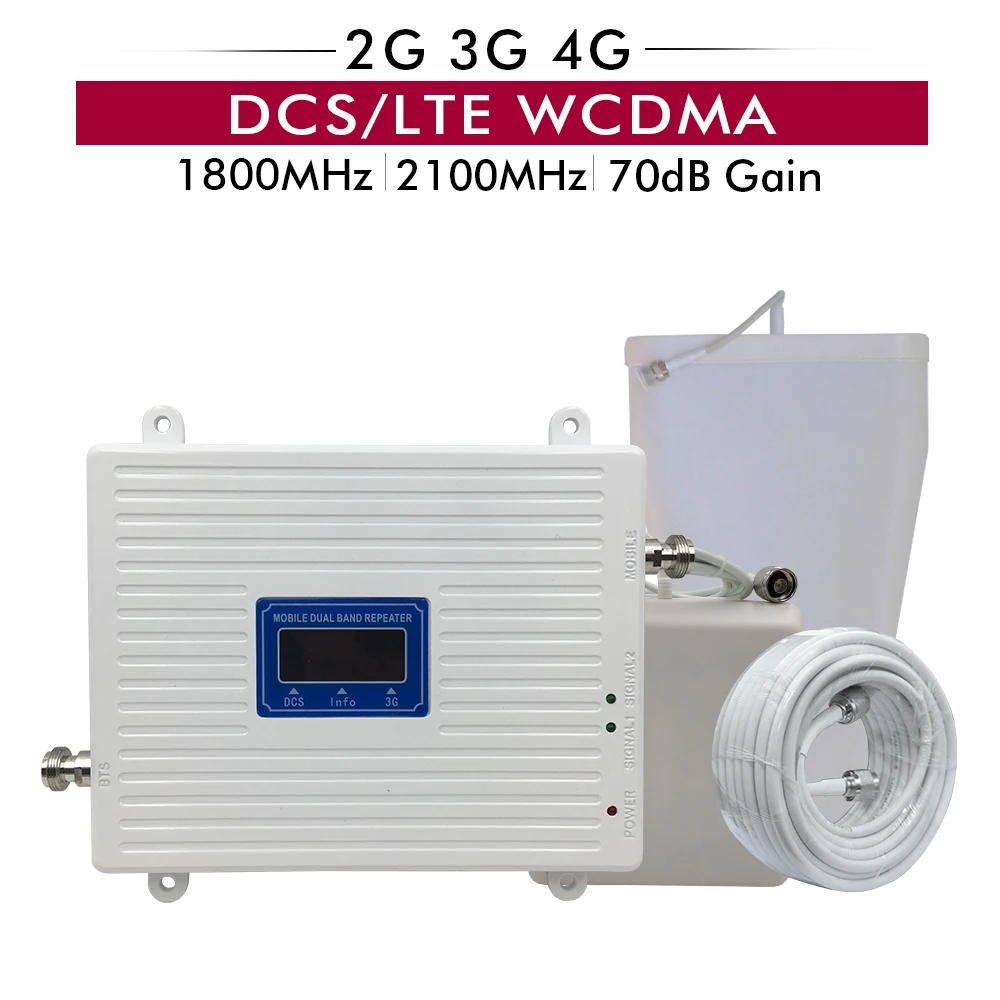 

Repeater 3G 4G Dual Band Booster Kit DCS/LTE 1800mhz+WCDMA 2100mhz Cellphone Signal Repeater Cellular Amplifier Antenna Full Set