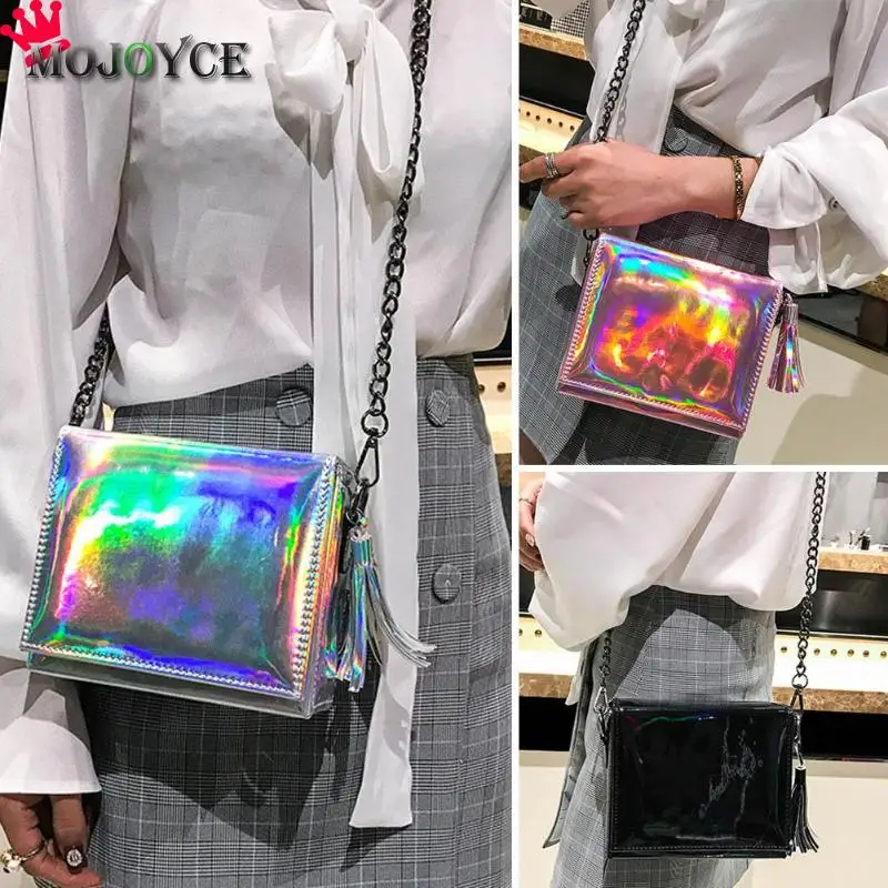 2019 New Hologram Laser Messenger Chain Bag Women Tassels Shoulder Crossbody Handbag Fashion Trend Wild Package Small Square Sac