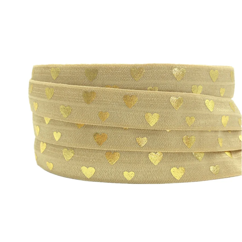 

5Yards 16mm Gold Heart Print Fold over elastic FOE Elastic Ribbon DIY Hair Ribbon