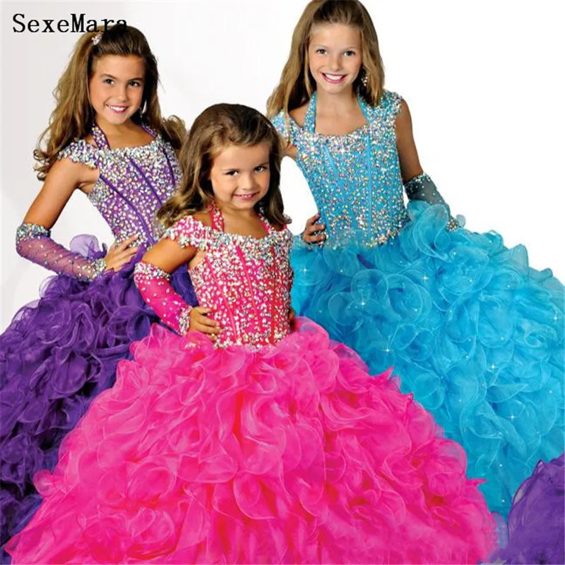 

Purple Girls Glitz Pageant Dresses Ball Gown Organza Flower Girl Dresses Beads Crystals Tiers Kids Prom Birthday Party Gown