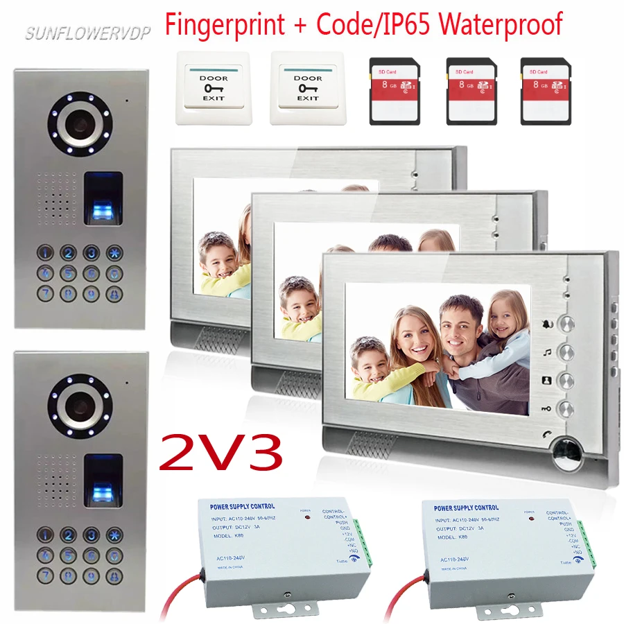 

Fingerprint Keypad Four-Wire Home Video Door Phone With 8GB SD Card Video Recording 7" Color Monitors Video Intercom For 2 Doors