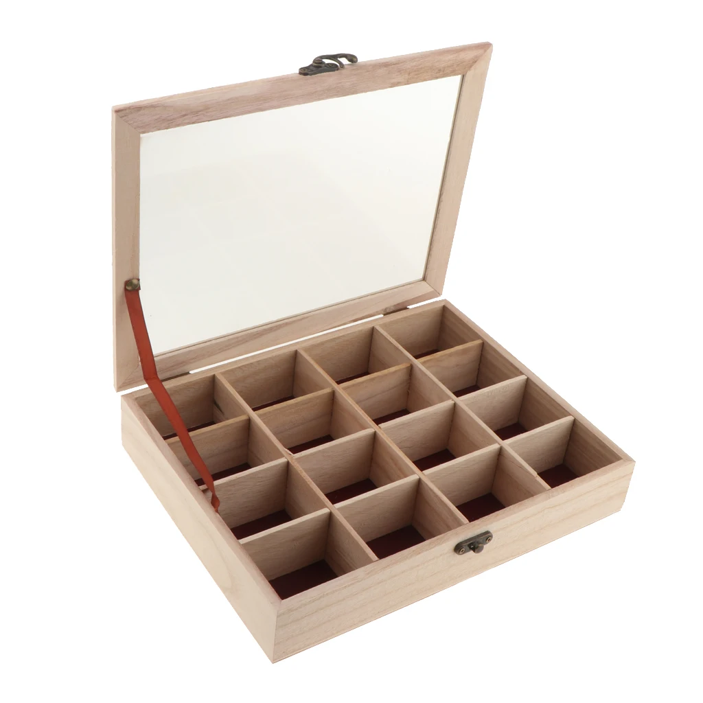 

Unfinished Plain Wooden Jewelry Box 16 Grids with Top Glasses Keepsake Gift Trinkets Storage Case 27x21x5cm