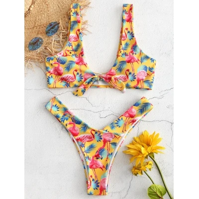 2018 Women High Cut Flamingo Printed Bikini Set Plunging Neck Bow Knot Push Up Swimsuit Bathing Suit Brazilian Bikinis Swimwear