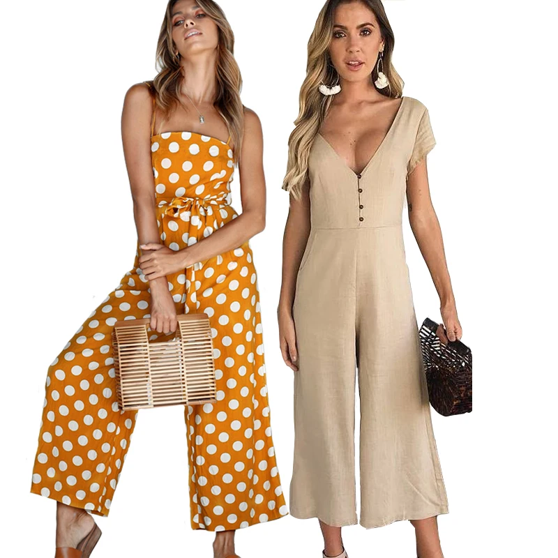 

Missufe Sexy V Neck Women Jumpsuit Wide Leg Pants Casual Button Female Long Playsuit 2018 Short Sleeve Summer Bodysuits