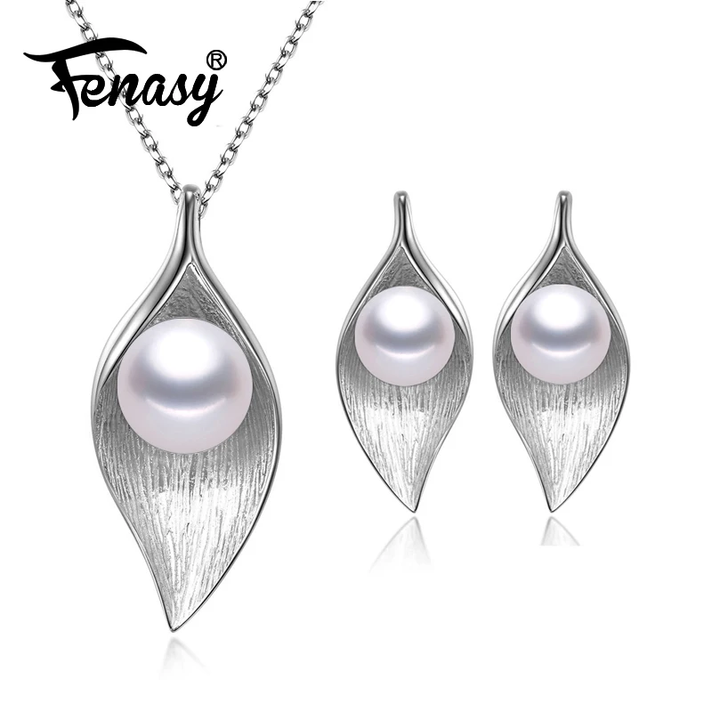 FENASY fashion leaves leaf Necklace earings freshwater Pearl Jewelry Sets for Women S925 sterling silver Pearl Necklace Earring