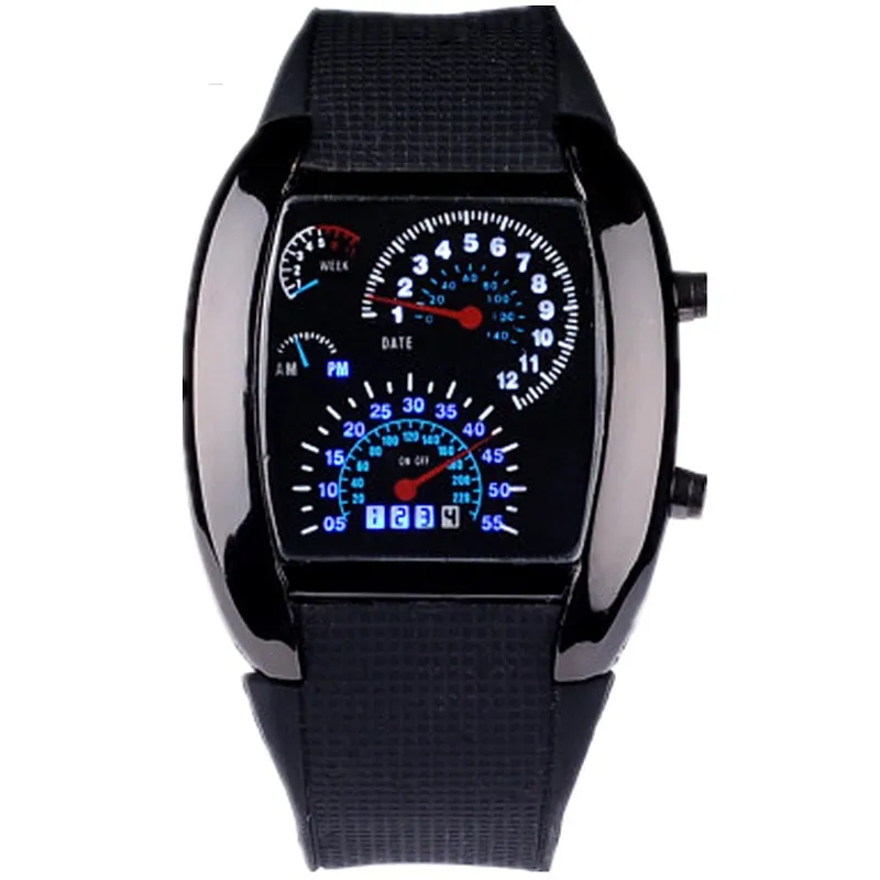 Hot Sales HOT SALE RPM Turbo Blue Flash LED Mens Sports Car Meter Dial Watch 1