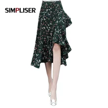 Простой летняя юбка русалки Женская высокая талия цветочные юбки сплит дамы шифон оборки пляжная юбка в стиле бохо уличная