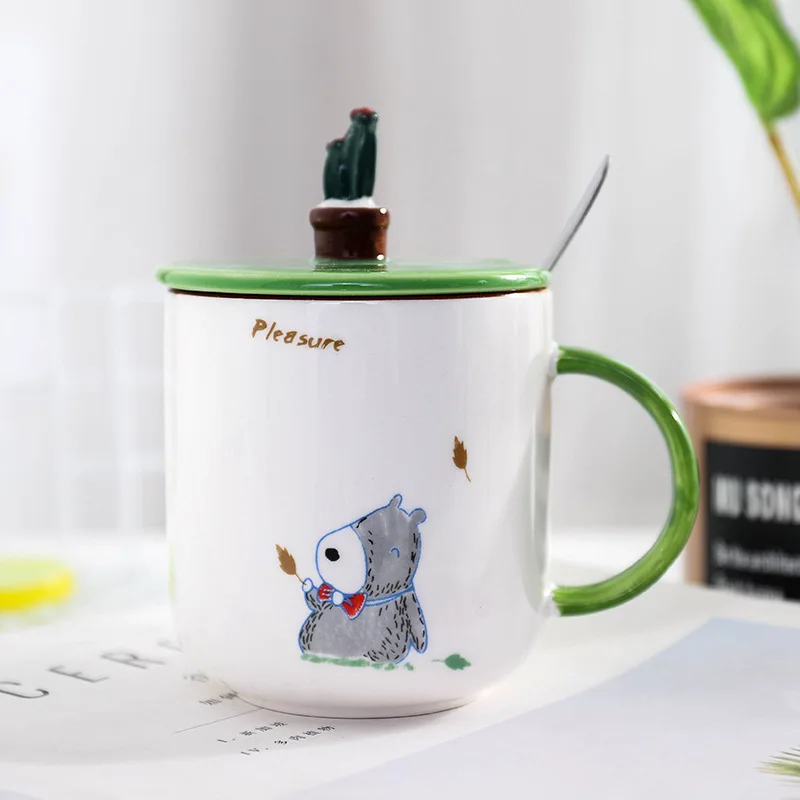 Leaf bear Новинка, керамическая чашка в виде животного с крышкой, ложка, офисная, милая, мультяшная, лаконичная, для завтрака, кофе, молока, сока, милая кружка, чашка - Цвет: Leaf bear