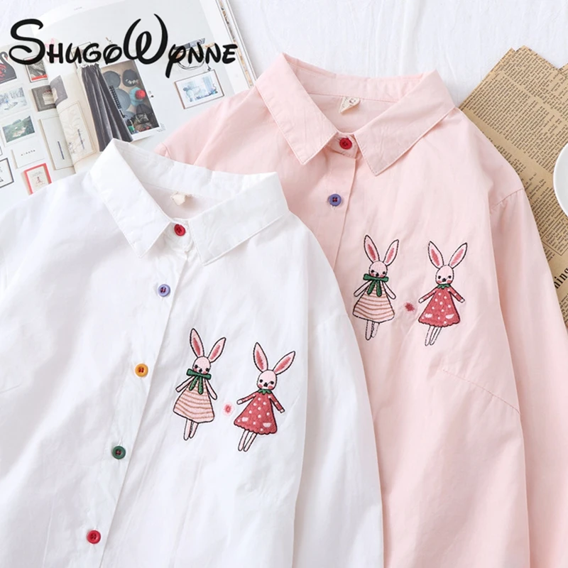 

2019 Spring Autumn Women Cotton Blouse Mori Girl Cute Cartoon Rabbit Embroidery Colorful Buttons Loose Long Sleeve Shirt Tops