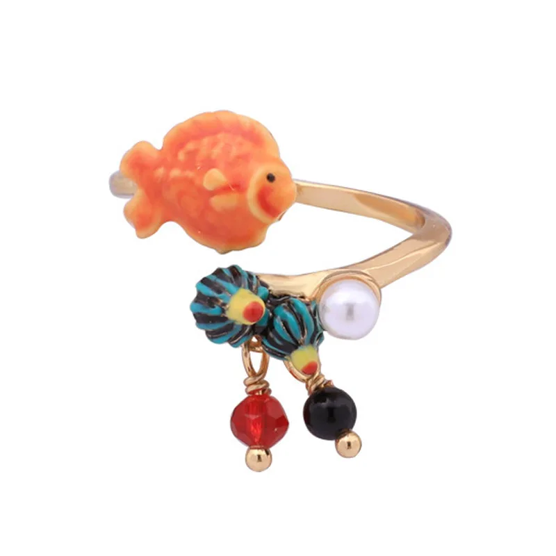 

Enamel glaze fish pearl adjustable opening ring for women hand painted resizable ring fashion jewelry party gift