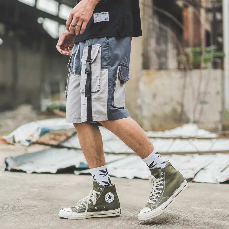 Японский Harajuku в стиле пэчворк ленты грузовые шорты для Для мужчин Urban мальчиков уличная большие карманы, набедренный-хоп Короткие штаны