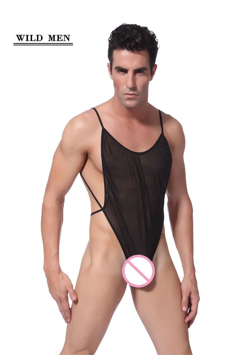 Wild Men Sexy Mesh See Through High Cut Bodysuit Thong Unisex Backless Transparent Sheer Spandex Erotic Lingerie Body Suits FX06