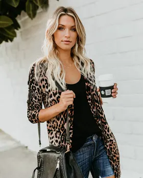 

Fashionable V-neck Long-sleeved Button Leopard Print Jacket Office Lady Long Slim Jacket