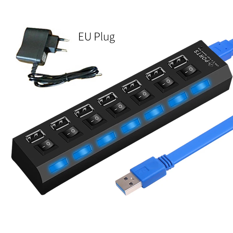 OUSU высокое Скорость мини usb-концентратор с несколькими портами 3,0 4 7 Порты USB разветвитель переключатель хаб 2,0 USB концентратор с Мощность адаптера компьютера ПК Аксессуары - Цвет: 7 Ports 3.0 black EU