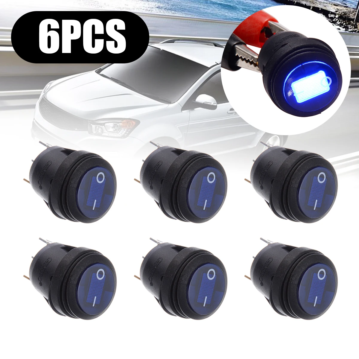 

6pcs 12V 12A Blue LED Car Boat On/Off Blue 3-Pin SPST Round Rocker Switch With Lamp Waterproof for Auto Interior Accessories