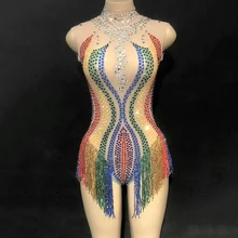 Женский костюм для танцев выступлений цветной кисточкой костюм Джаз трико стразы леди бахрома боди сценическая одежда DJ254