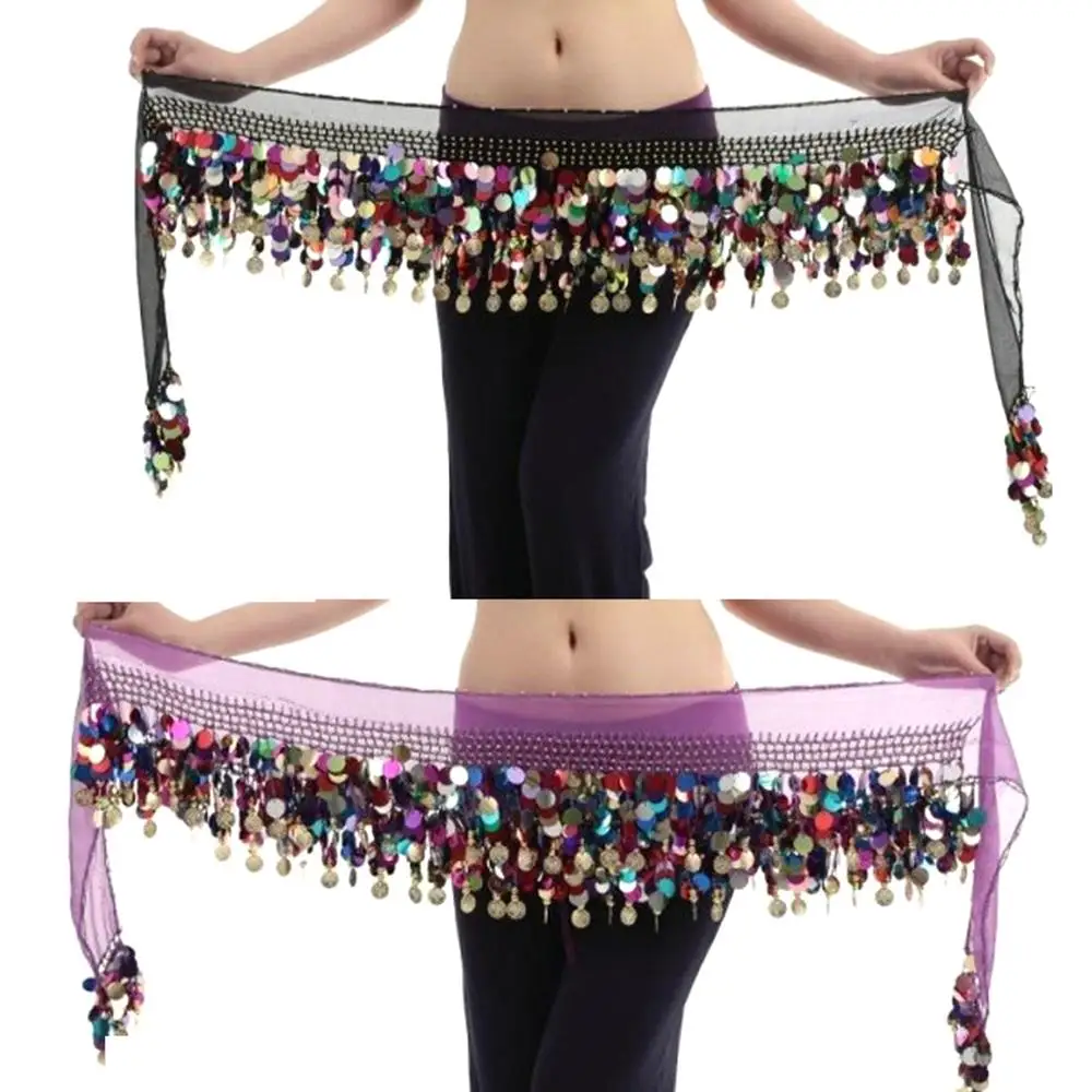 Belly Dance Chiffon Belly Dance Hip Scarf 58 Coins Sequin Waistband Belt Skirt Hip Wrap