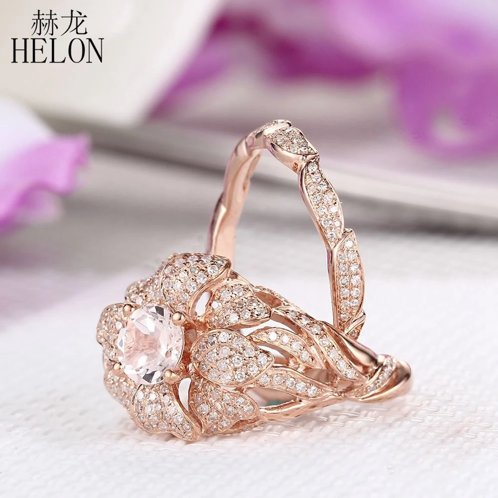 HELON Fine Jewelry Цветок Твердый 10 к розовое золото 5,5 мм круглый морганит бриллианты кольцо, сочетающийся ремешок обручальное кольцо с бриллиантами