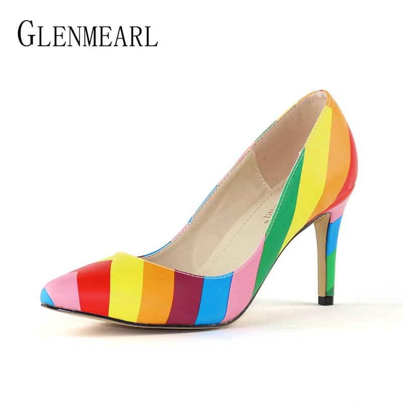 Brand Women Shoes Hign Heels Pumps Rainbow Color Thin Heel Spring Party