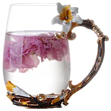 Элегантный 330 мл 350 мл цветная эмаль кристалл стеклянная чашка с ручкой лилии стеклянный цветок чай подарочная упаковка для чашки пакет на День святого Валентина DEC195