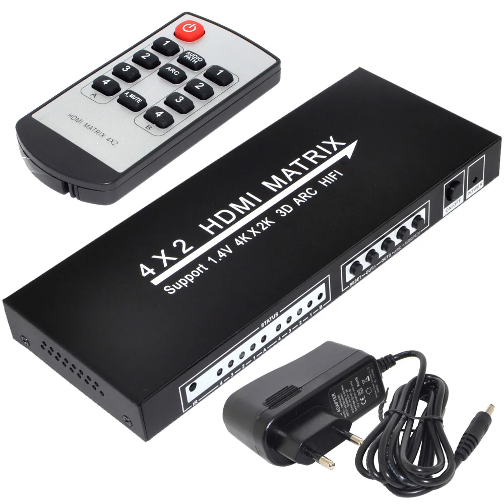 

New HDMI 4x2 Matrix Switcher Stereo Audio Separation Fiber SPDIF 3.5 4 In 2 Out Free Shipping with Track Number 12002975
