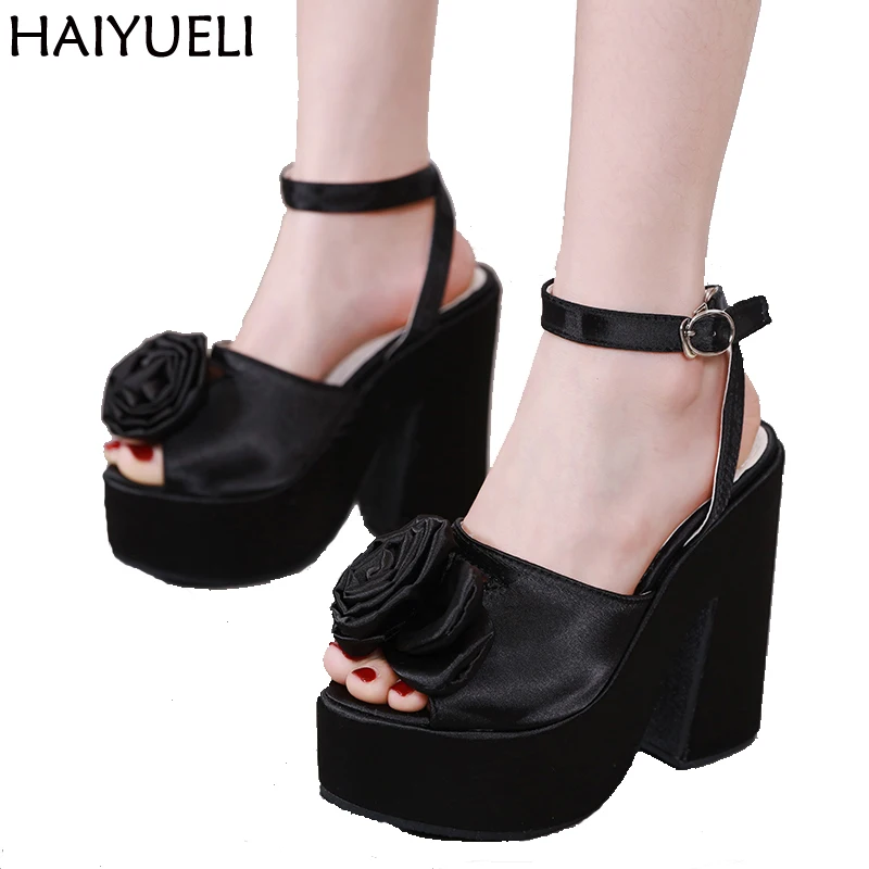 

Sandalias Plataforma Mujer Pink Sandals Fashion Flower High Heels 14cm Square Heels Gladiator Sandals Women Comfy Platform Shoes