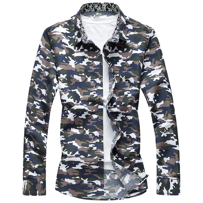 

M -6xl Camo Hawaiian Shirt Men 2018 Spring Button Down Long Sleeve Casual Shirts Plus Size Camisa Social Masculina