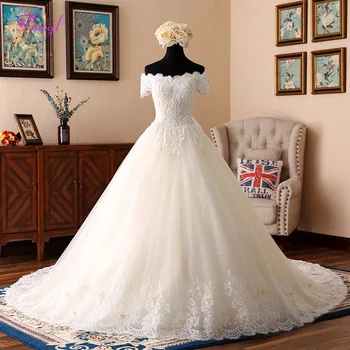 

Fmogl Elegant Boat Neck Appliques Beaded Ball Gown Wedding Dress 2020 Vintage Short Sleeve Flowers Bridal Dress Robe De Mariage