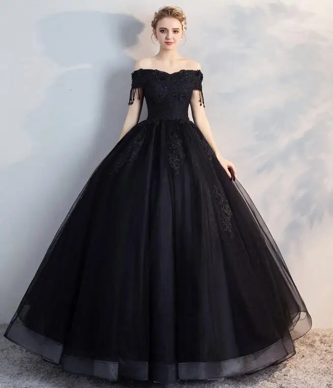 Новейшее лодочное бальное платье с круглым вырезом черные платья для выпускного с открытыми плечами платье из тюли со шнуровкой кисточкой Длинное Элегантное кружевное торжественное платье - Цвет: Черный