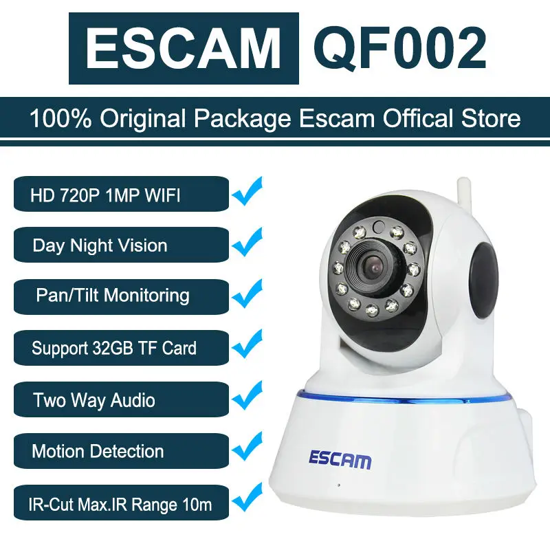 Escam qf002 HD 720 P сети Беспроводной IP Камера Ночное видение P2P WI FI indoor Инфракрасный