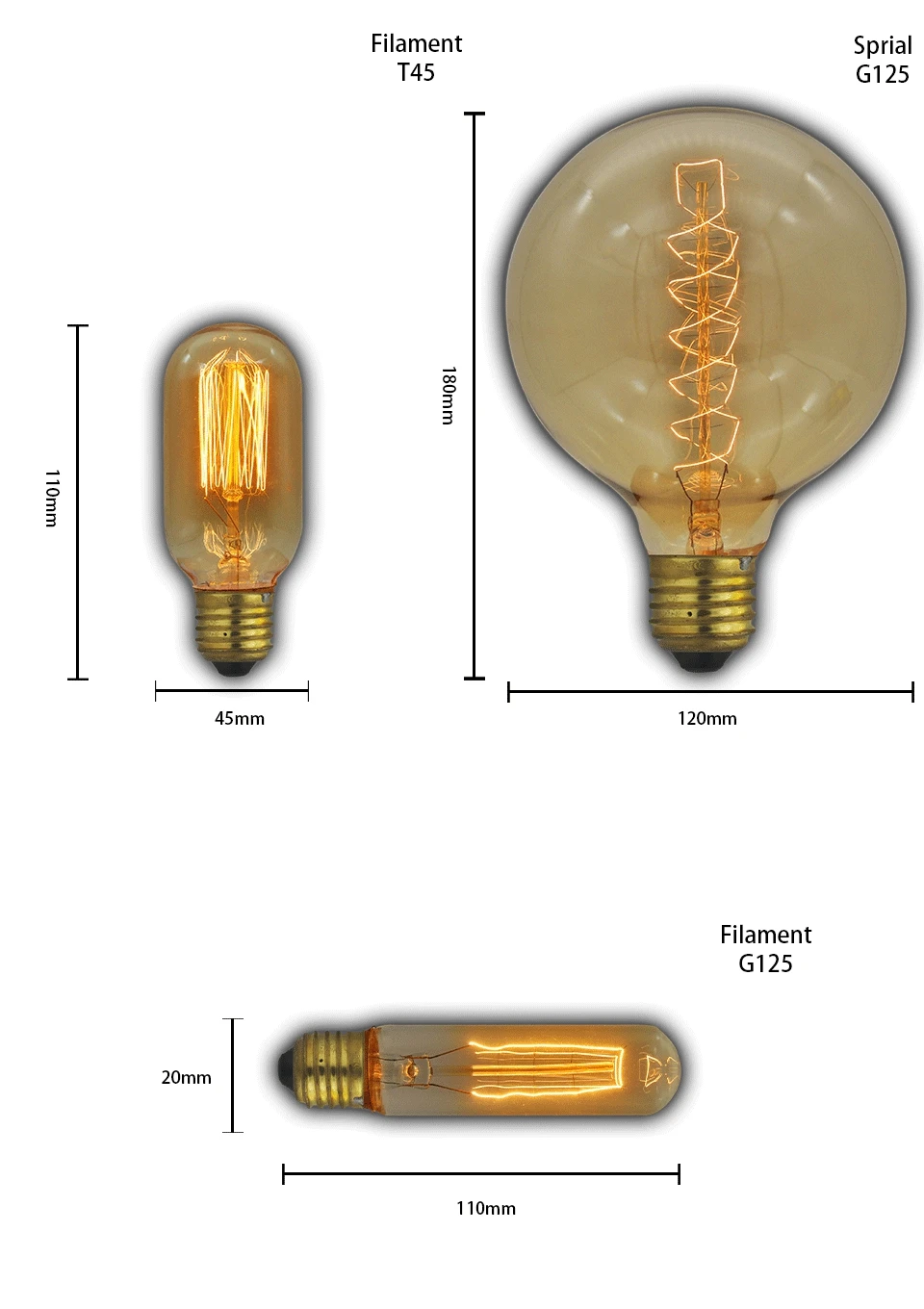 Винтажный светильник, лампочка эдисона, лампа Эдисона 40 Вт, 220 В, ST64, T45, G80, G95, G125, ампульная нить, E27, светильник, лампочка, ретро ампула