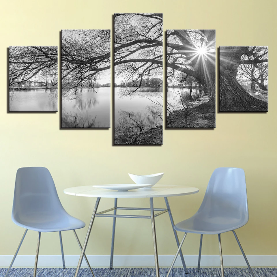

Canvas Pictures Wall Art Poster Framework 5 Pieces Big Trees Paintings For Living Room Lakeside Black White Landscape Home Decor