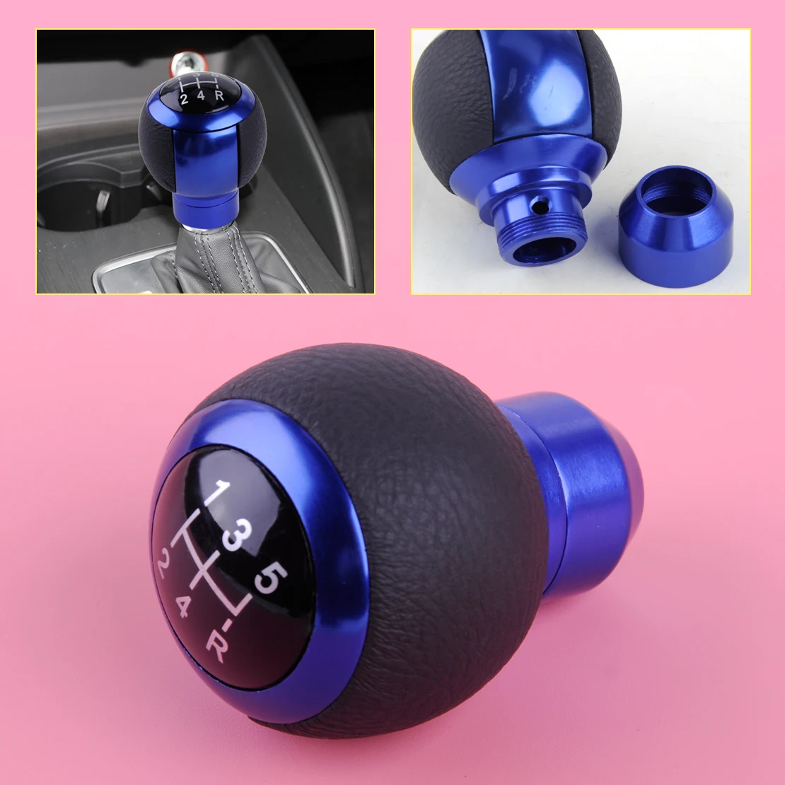 DWCX Blue & Black Genuine Leather 5 Speeds Car Interior Gear Stick