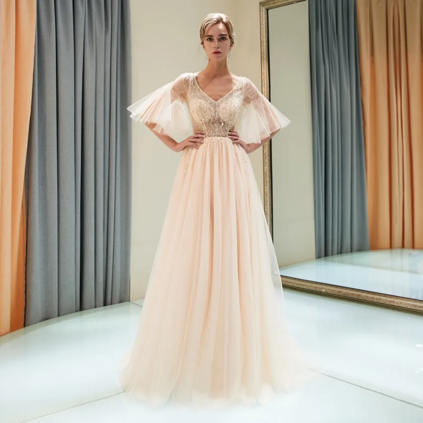 

Sexy V-Neck Silver Beaded Light Champagne Evening Dresses 2019 A-Line Bell Sleeves Side Split Formal Long Elegant prom Gowns