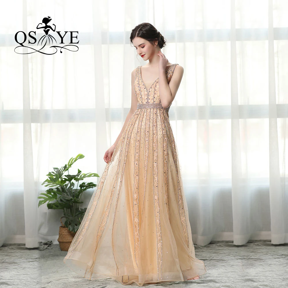 QSYYE 2019 New Arrival Gold Prom Evening Dress Sexy V-neck Crystal Amazing Shinny Party Gowns | Свадьбы и торжества