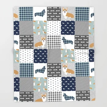 

Corgi Patchwork Print Navy Dog Buffalo Plaid Mens Corgi Dog Throw Blanket Bedspread Moon Design Soft Fleece Throw Blanket