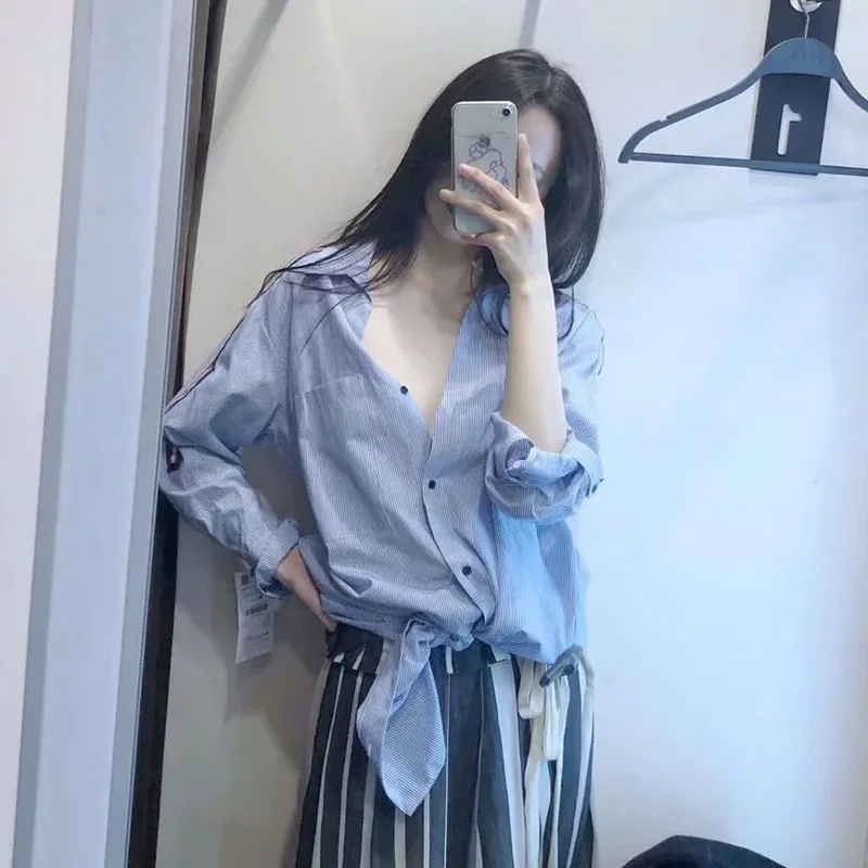 

Women Full Sleeve Shirt Summer Casual Female Contrast color Striped Shirts Spring Wild Loose Ladies Slim Tops Shirt