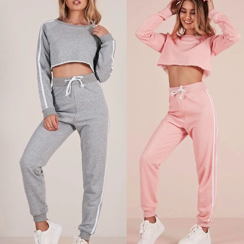 

Fashion Spring Summer Women Polyester O-Neck Long Sleeves Pure Color Stripe Tops Sweater Trousers Suit 2018 Drop Shipping