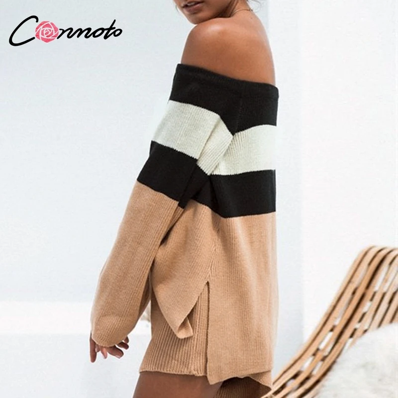 Conmoto, повседневный вязаный свитер с открытыми плечами, зима, женский свитер, джемпер, свободный, сексуальный, в полоску, из кусков, трикотаж, женский свитер