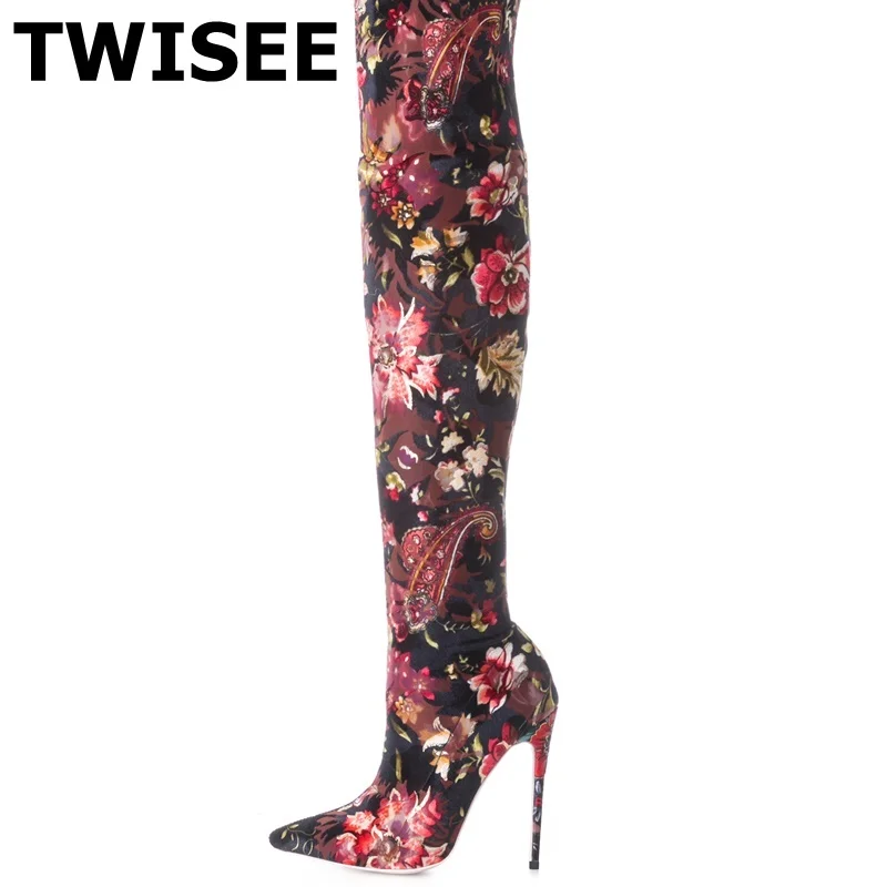 

thigh high boots hot selling warm fashion point toe woman party shoes thin high heels 12 cm comfort print flower color