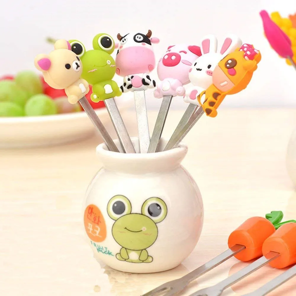 Cute Cartoon Salad Forks Mini Dessert Fruit Forks Holder Stainless Steel with A Holder Silicone Handle Cake Food Pick Fork Set 6 Pcs for Home and Restaurant (Mix Animal)01